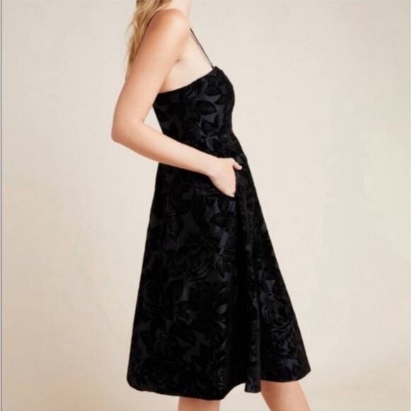 NEW Maeve Anthropologie Jonquil Black Floral Velvet Strapless Midi Dress - Picture 3 of 16